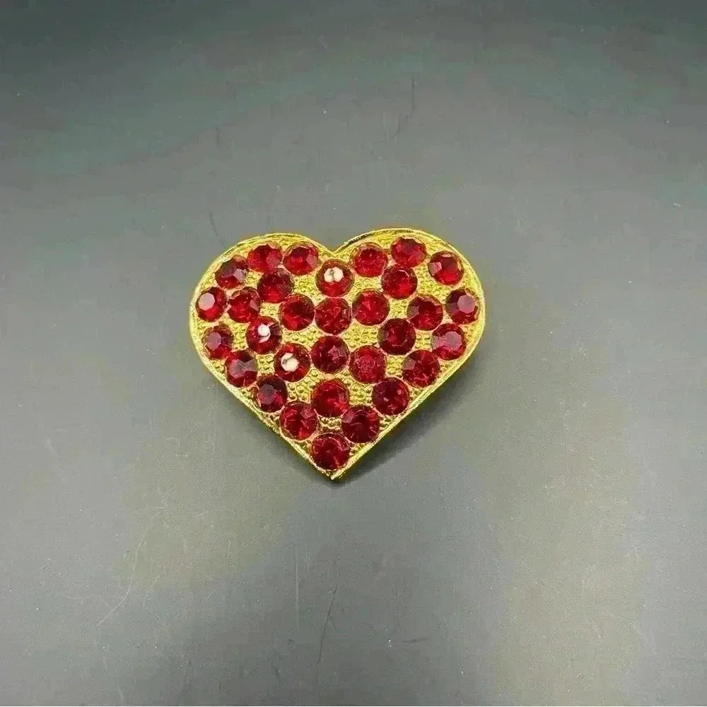 Vintage Red Heart Statement Pin Brooch Rhinestone Crystal Gold Tone